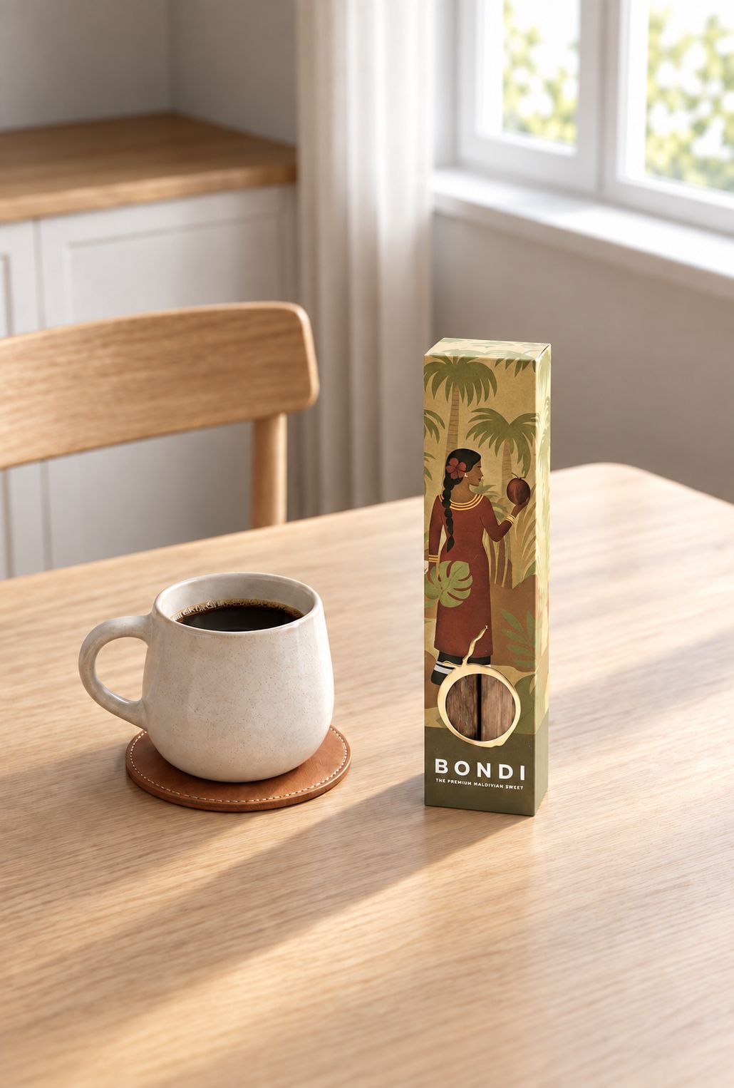 Maldivian Bondi gift box beside a cup of coffee on a sunlit wooden table