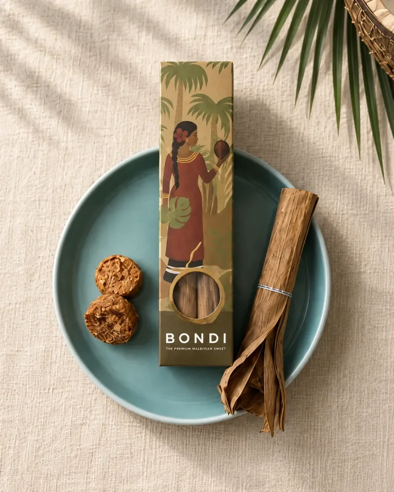 Maldivian Bondi gift box with coconut sweets on a teal plate