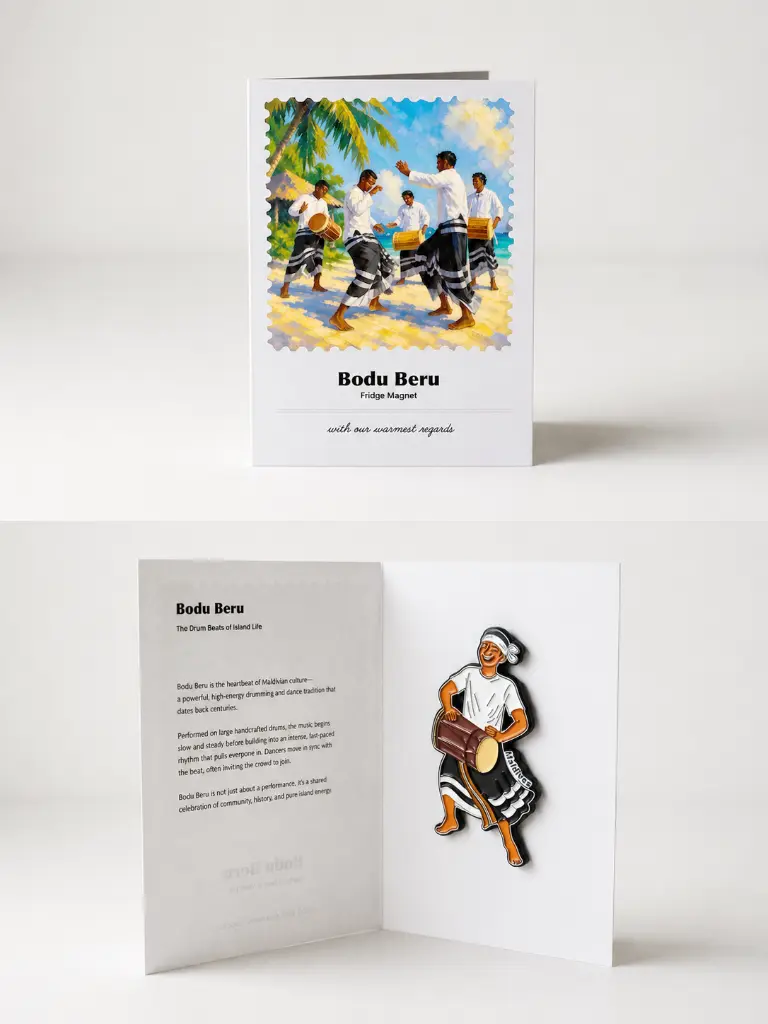 Boduberu magnet with its illustrated cover card